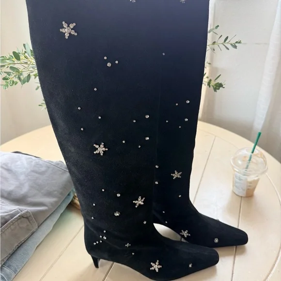 Black Embellished Knee-High Boots - Picture 2 of 13